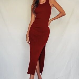Lulu’s Simply Wonderful Burgundy Ribbed Bodycon Midi Dress, Size Medium
